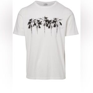 Saint Laurent White Graphic Tee with Black Palm Design
